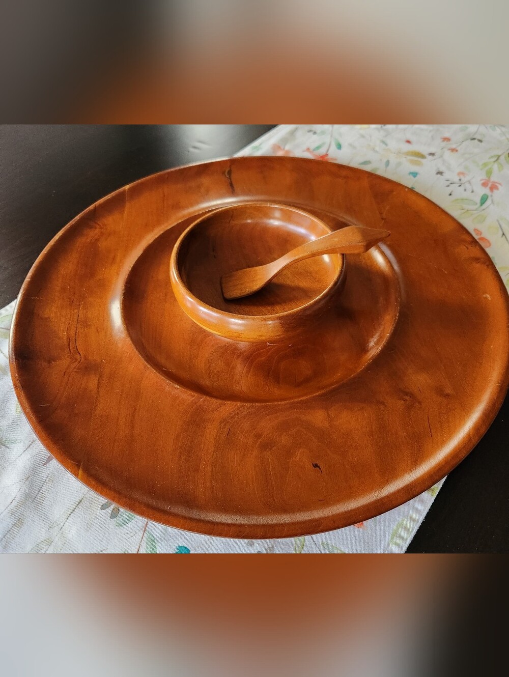 1960s MCM 16" Teak Wood Chip & Dip Set - 3pc ~ Tray, Bowl and Spoon
